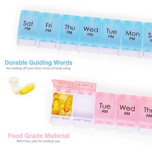 Large 7 Day Pill Organizer 2 Times a Day, AM PM Pill Box, 14 Dividers Vitamin Holder with Push Button Q52411