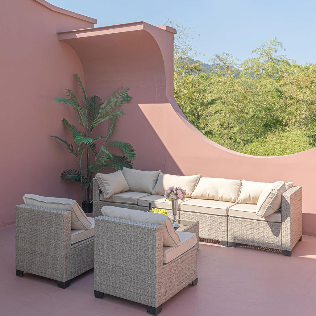 Beige 7-Piece Patio Sectional Sofa with Grey Cushions D111