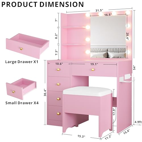 White Vanity Desk with Mirror and Lights, 5 Drawers, and Stool K800961