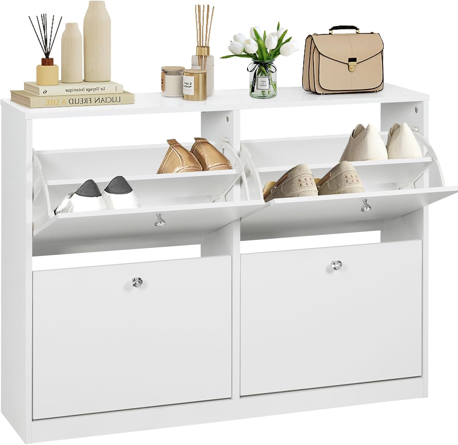 White Shoe Cabinet with 4 2-layer Flip Drawers O527839