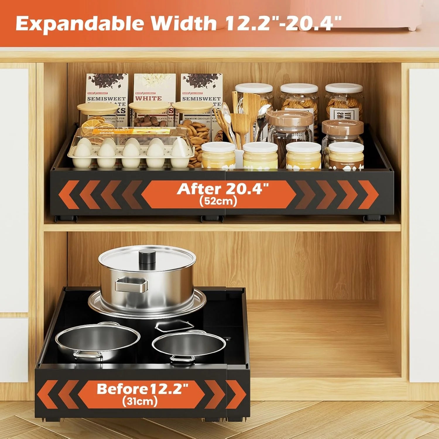 2Pack Expandable Pull Out Cabinet Organizer 21Deep, Adjustable Width 12.2-20.4, Black N9851