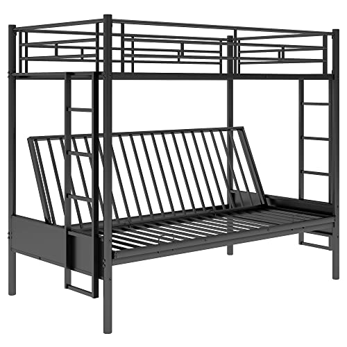Black Metal Twin over Futon Bunk Bed with Guardrails and 2 Ladders F627
