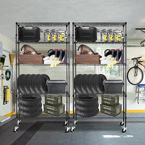 Black 6 Tier Adjustable Metal Wire Shelving Rack with Wheels A54235
