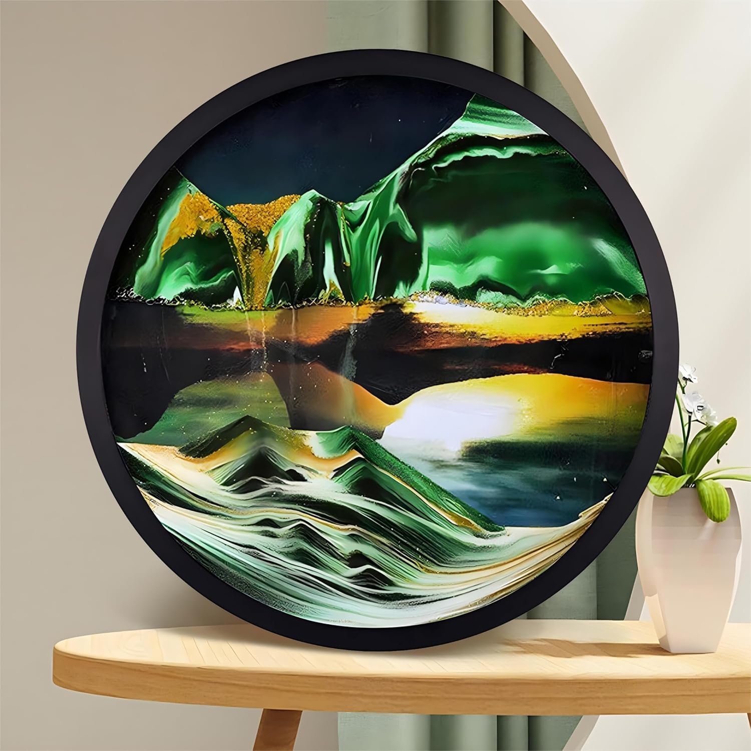 17.3'' 3D Sand Art Liquid Motion Moving Wall Art Glass Crafts Solid Wood Frame (Green) C321027