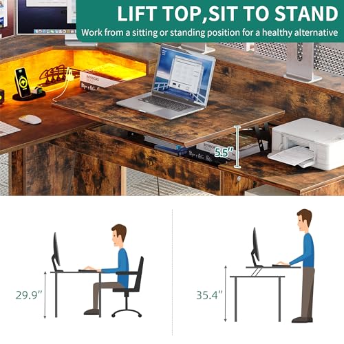 Grey L Shaped Desk with Power Outlets, LED Lights, Drawers, Lift Top, Monitor Stand, File Cabinet E146