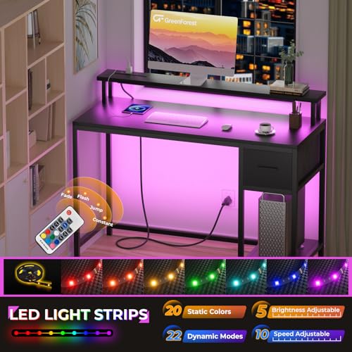 Black Gaming Desk with LED Lights and Drawer C8511