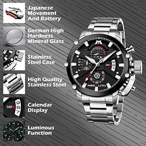 45mm Stainless Steel Chronograph Waterproof Analog Quartz Date Heavy Duty Men's Watch L348
