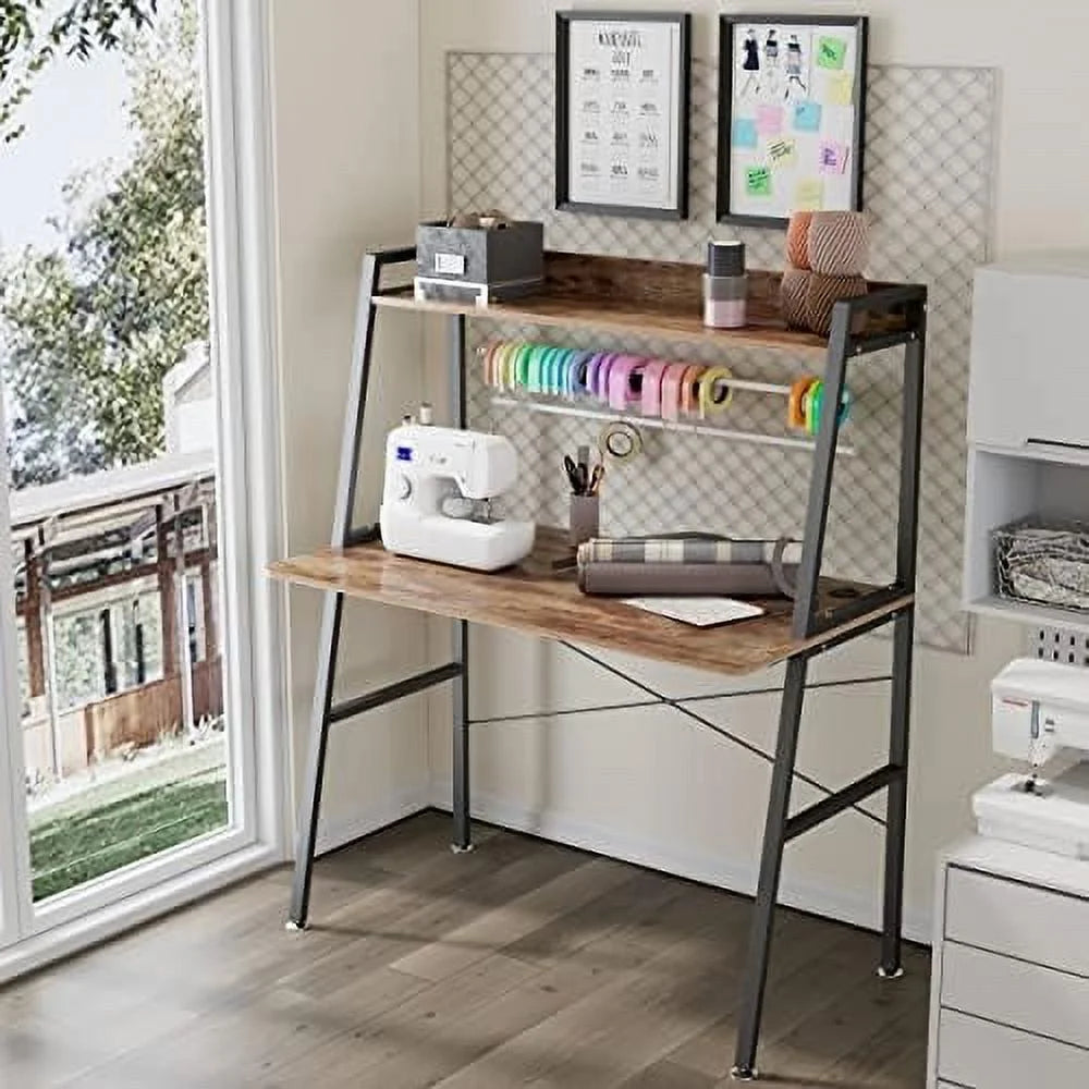 Rustic Brown 43 Inch 2-Tier Computer Desk with Shelves Metal Frame G42234