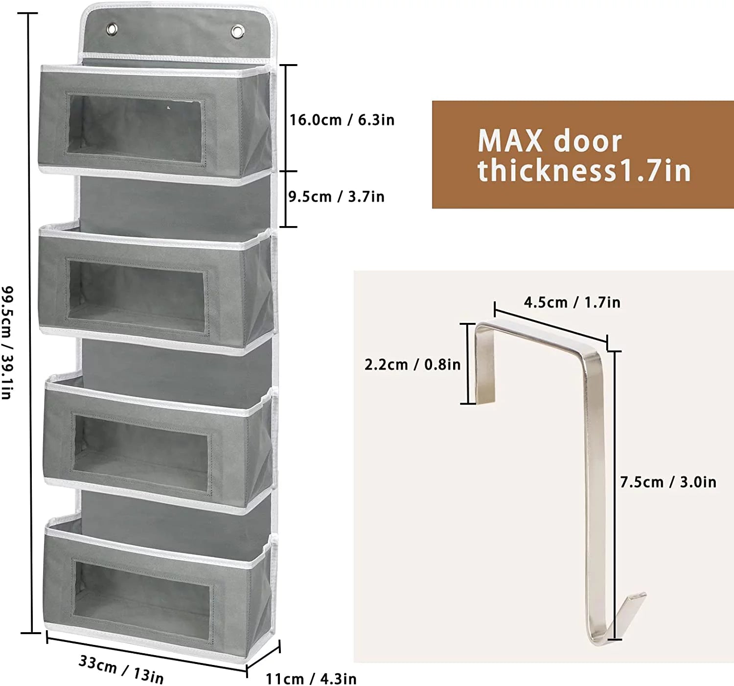 2 Pack 4-Shelf Over Door Hanging Organizer, Grey PVC K4876