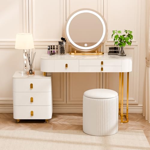 6 Drawer Wood Makeup Vanity Desk with Mirror and Lights and Chair X46345