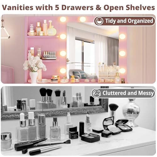 White Vanity Desk with Mirror and Lights, 5 Drawers, and Stool K800961