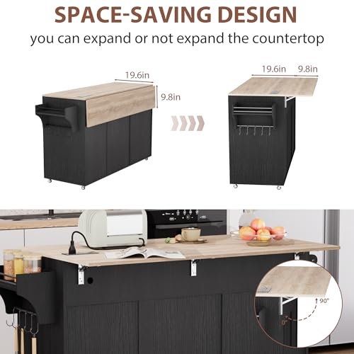 Kitchen Island on Wheels with Storage, Drop Leaf, Power Outlet, Trash Can Storage, Spice Rack, Towel Rack, Drawers L944