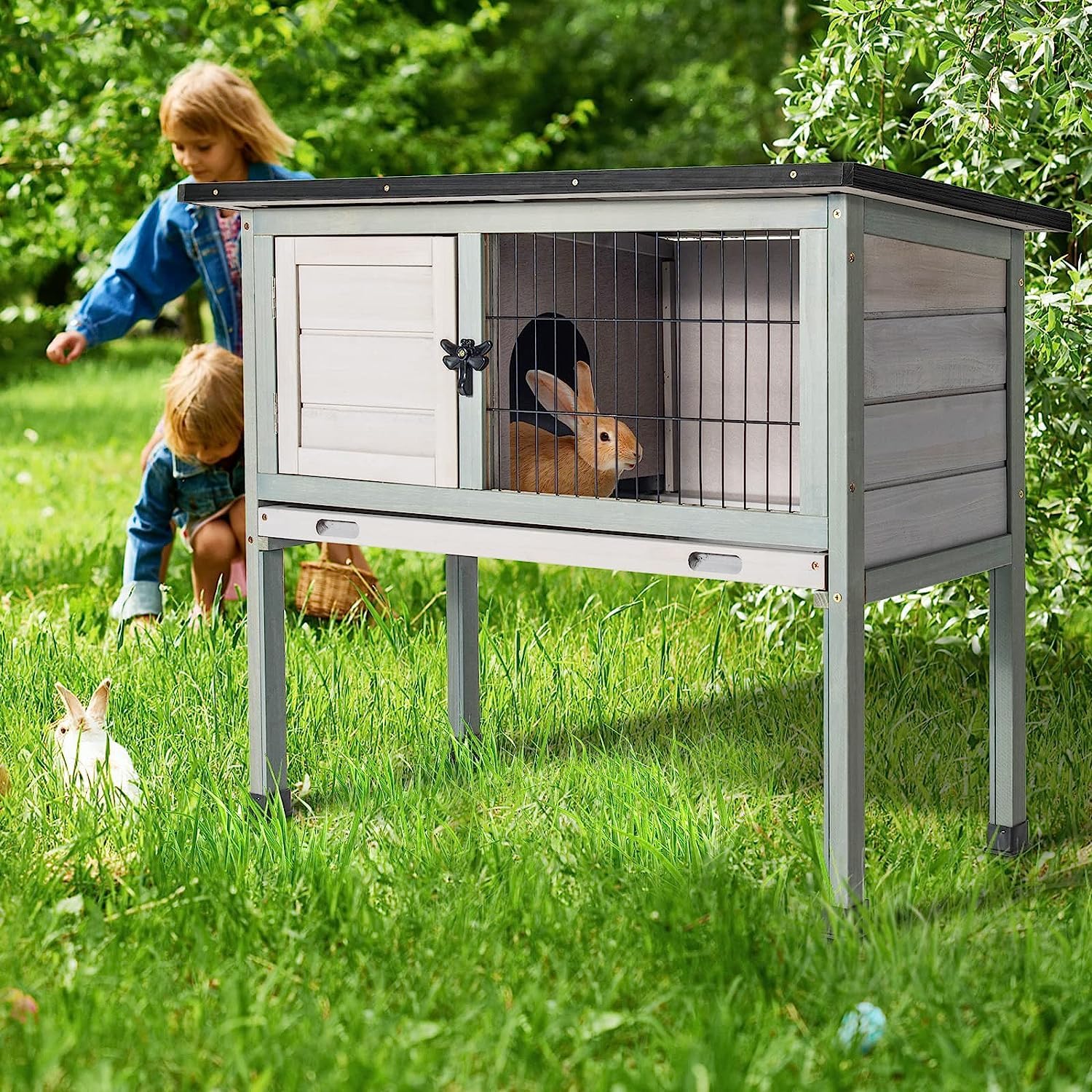 Elevated Wooden Rabbit Hutch with Pull-Out Tray B790345
