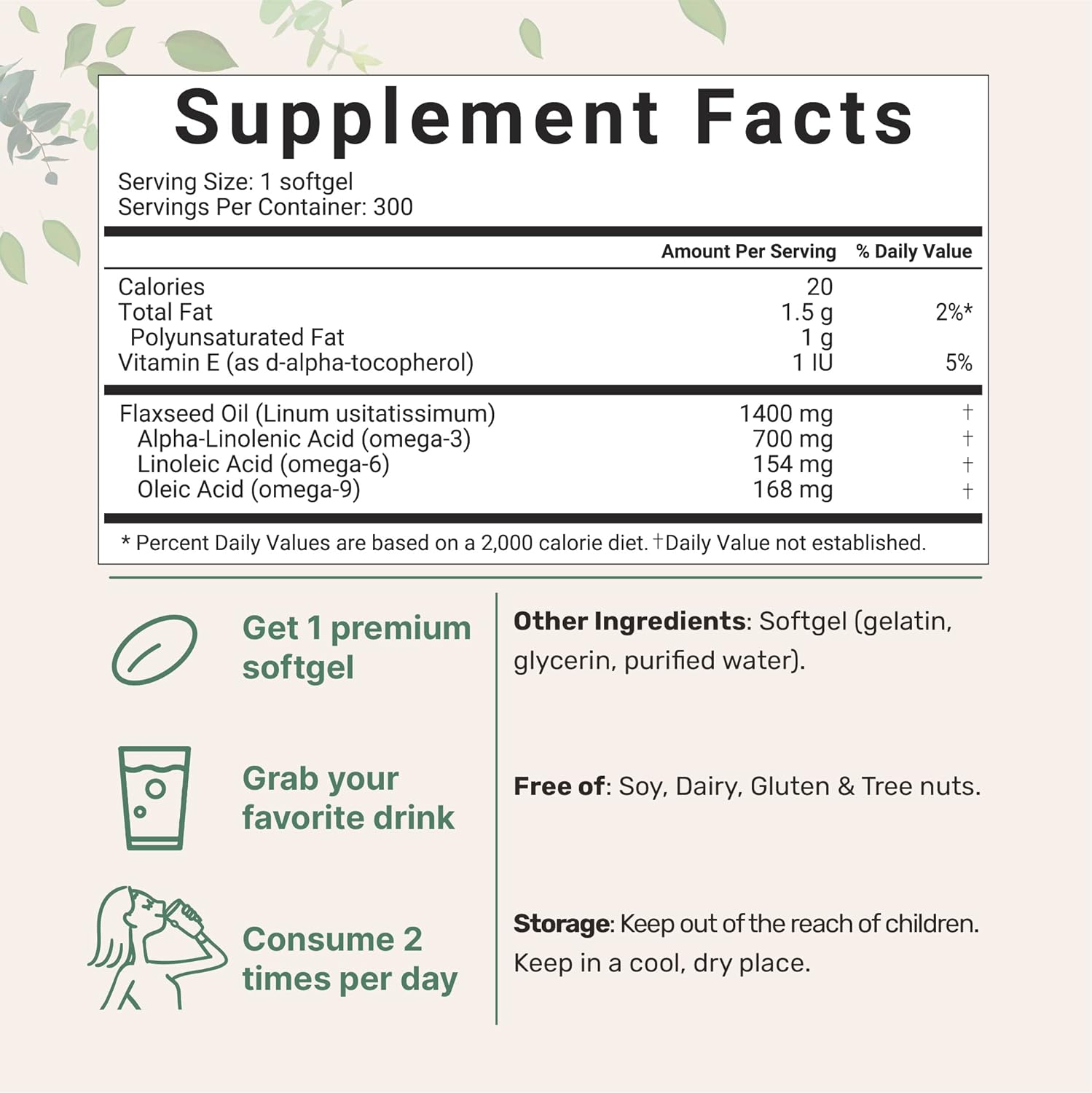Flaxseed Oil 1400mg Softgels, 300 Counts, Cold Pressed, Non-GMO K47787
