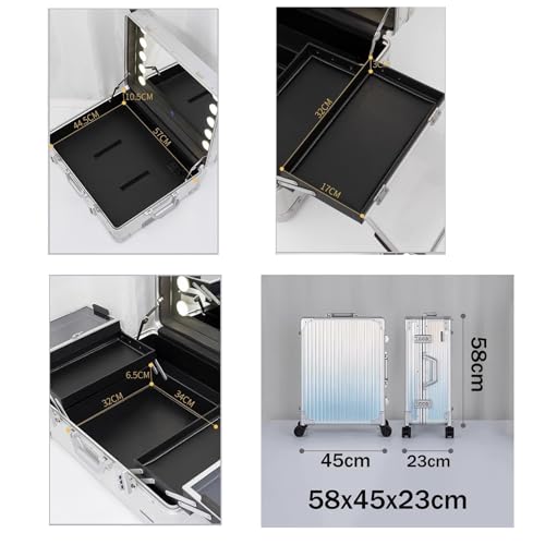 Silver Stripe Aluminum Rolling Makeup Train Case with Lighted Mirror X88533