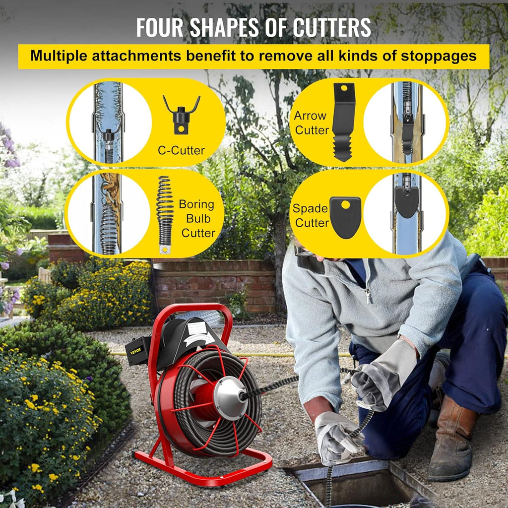 75Ft x 3/8Inch Drain Cleaner Machine, 250W, Portable Electric Drain Auger with Cutters Glove R419151