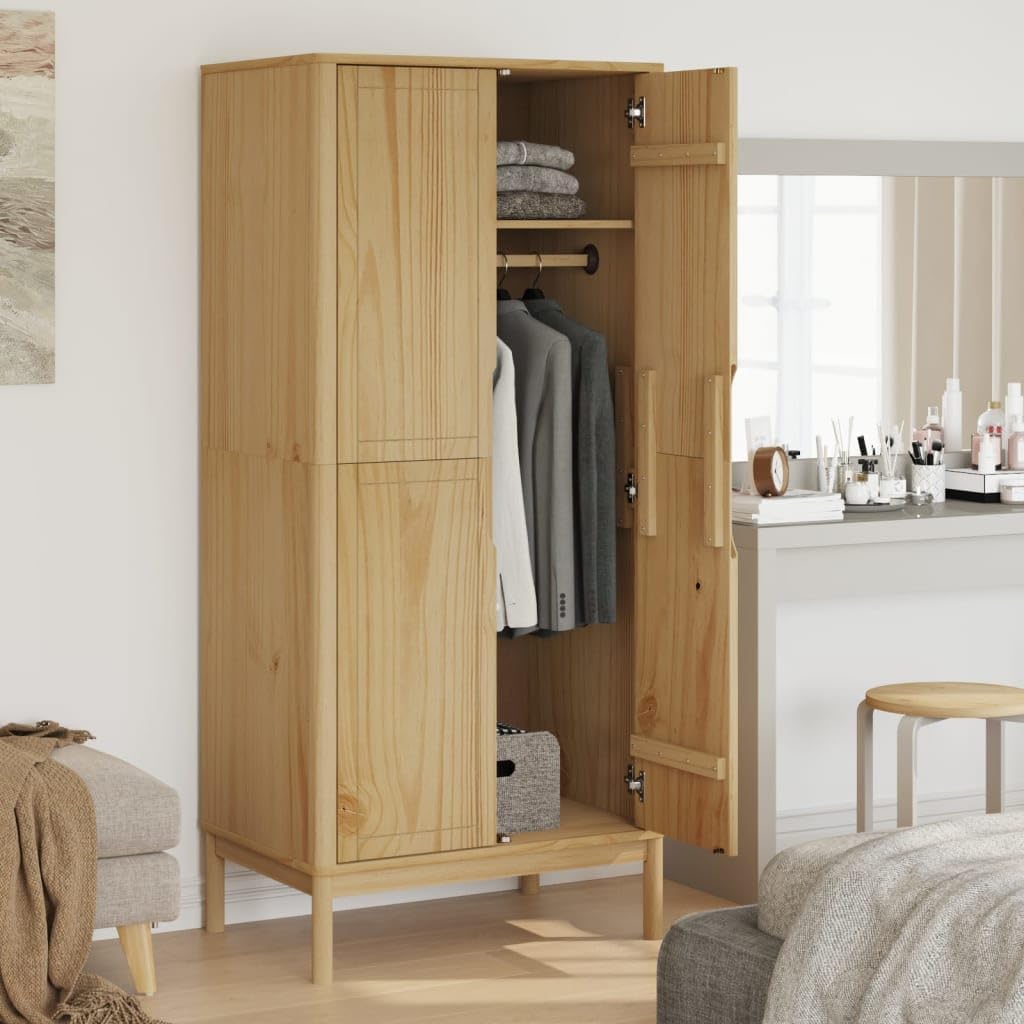 Solid Pine Wood Wax Brown Wardrobe M4373