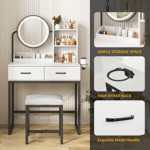 White Vanity Desk with Round Mirror and Lights, Brown and Black, 15.75 * 31.5 * 53.6in C754714
