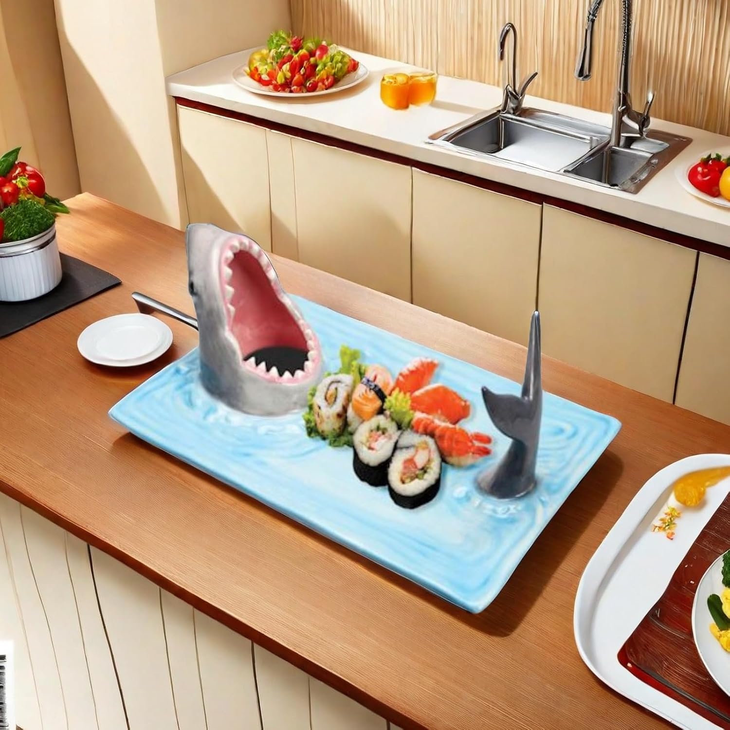 Hand-painted Ceramic Sushi Shark Plate with sauce compartment F573356