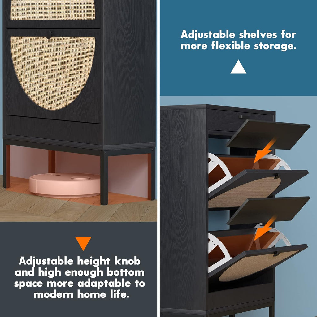 Natural Rattan Weave Shoe Cabinet with 2 Flip Drawers (Black, 2 Pieces) B441