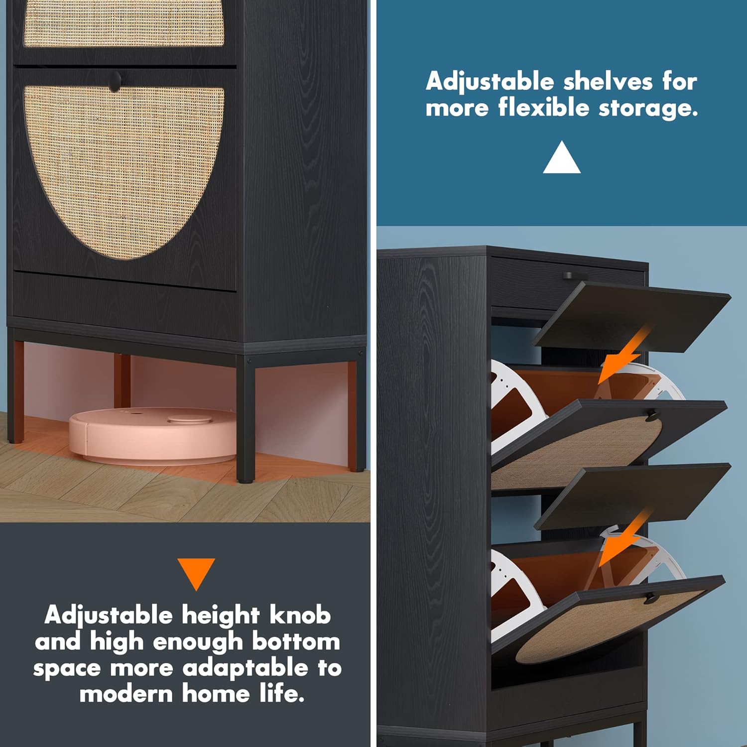 Natural Rattan Weave Shoe Cabinet with 2 Flip Drawers (Black, 2 Pieces) B441