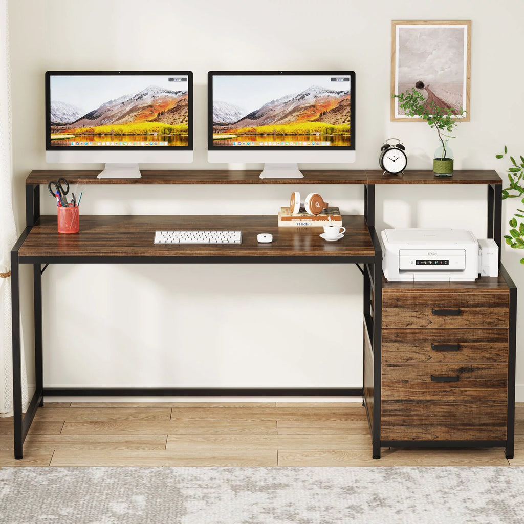 63" Ergonomic Computer Desk with Monitor Stand and Drawers, Rustic Brown Y6314