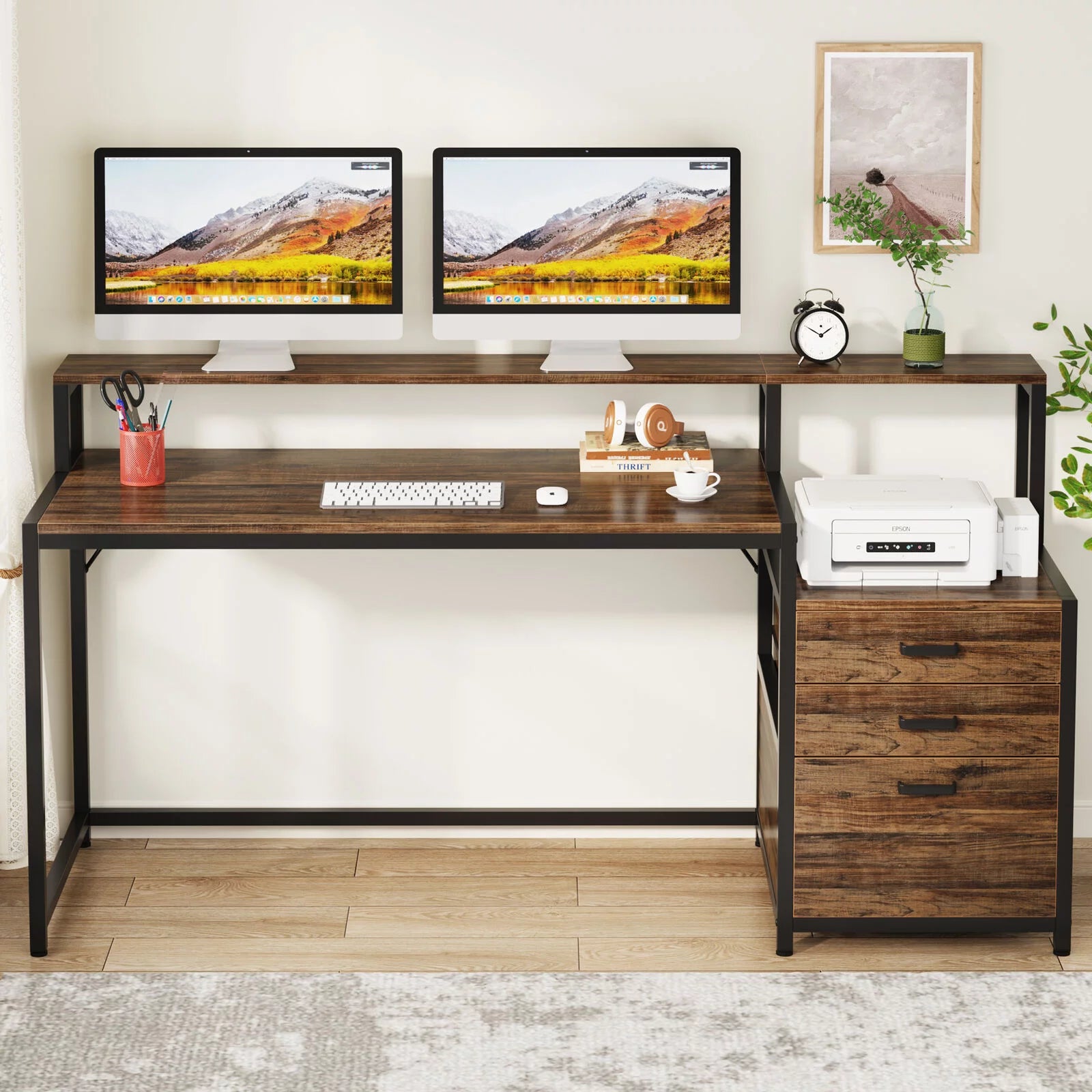 63" Ergonomic Computer Desk with Monitor Stand and Drawers, Rustic Brown Y6314