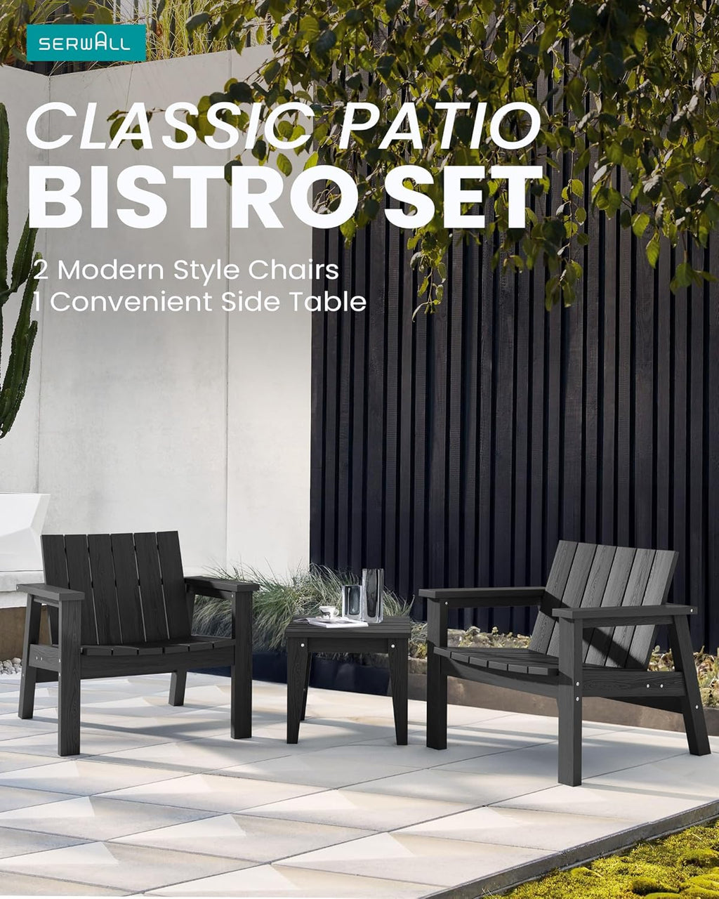 3 Piece HDPE Adirondack Chair Set with Side Table Black J723