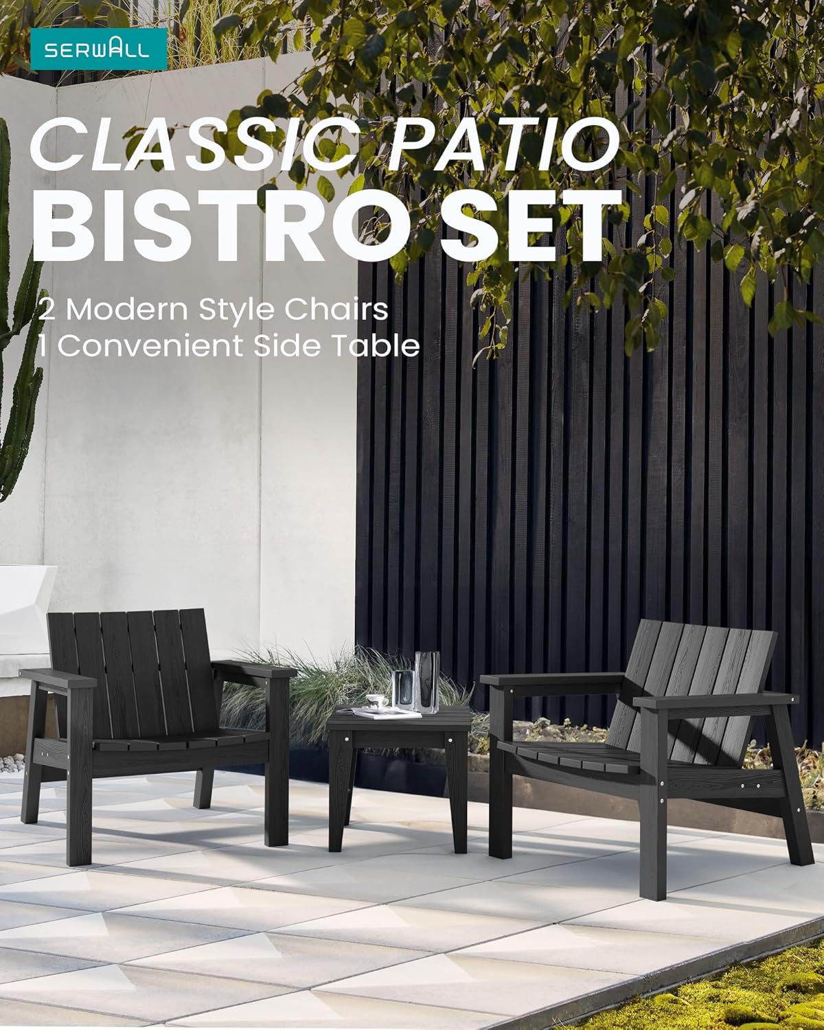 3 Piece HDPE Adirondack Chair Set with Side Table Black J723