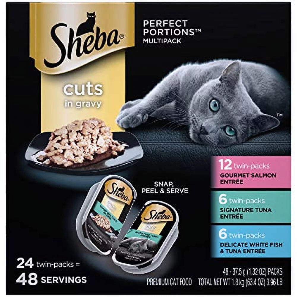 Soft Wet Cat Food Cuts in Gravy Salmon Tuna Whitefish Variety Pack 2.6 Oz. 24 Twin Packs M165423