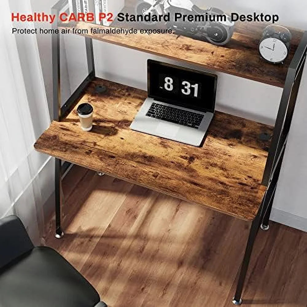 Rustic Brown 43 Inch 2-Tier Computer Desk with Shelves Metal Frame G42234