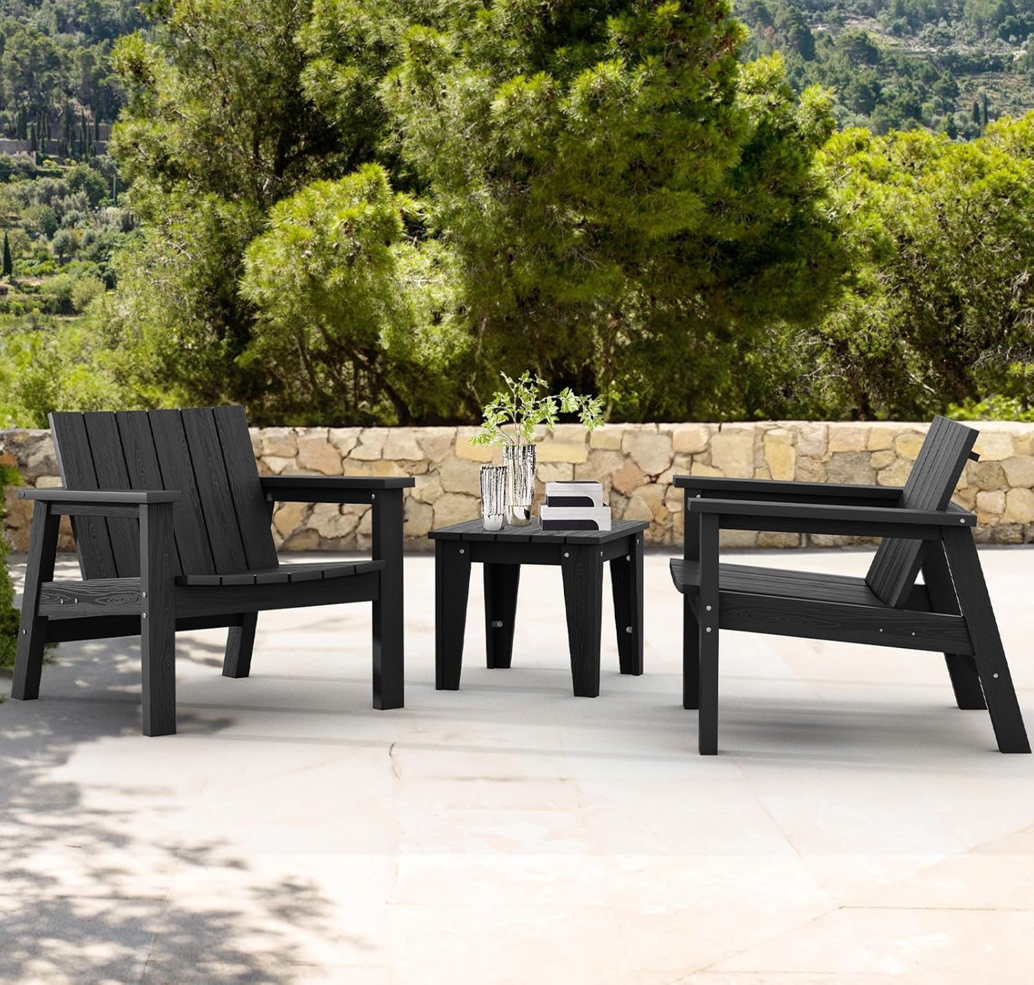 3 Piece HDPE Adirondack Chair Set with Side Table Black J723