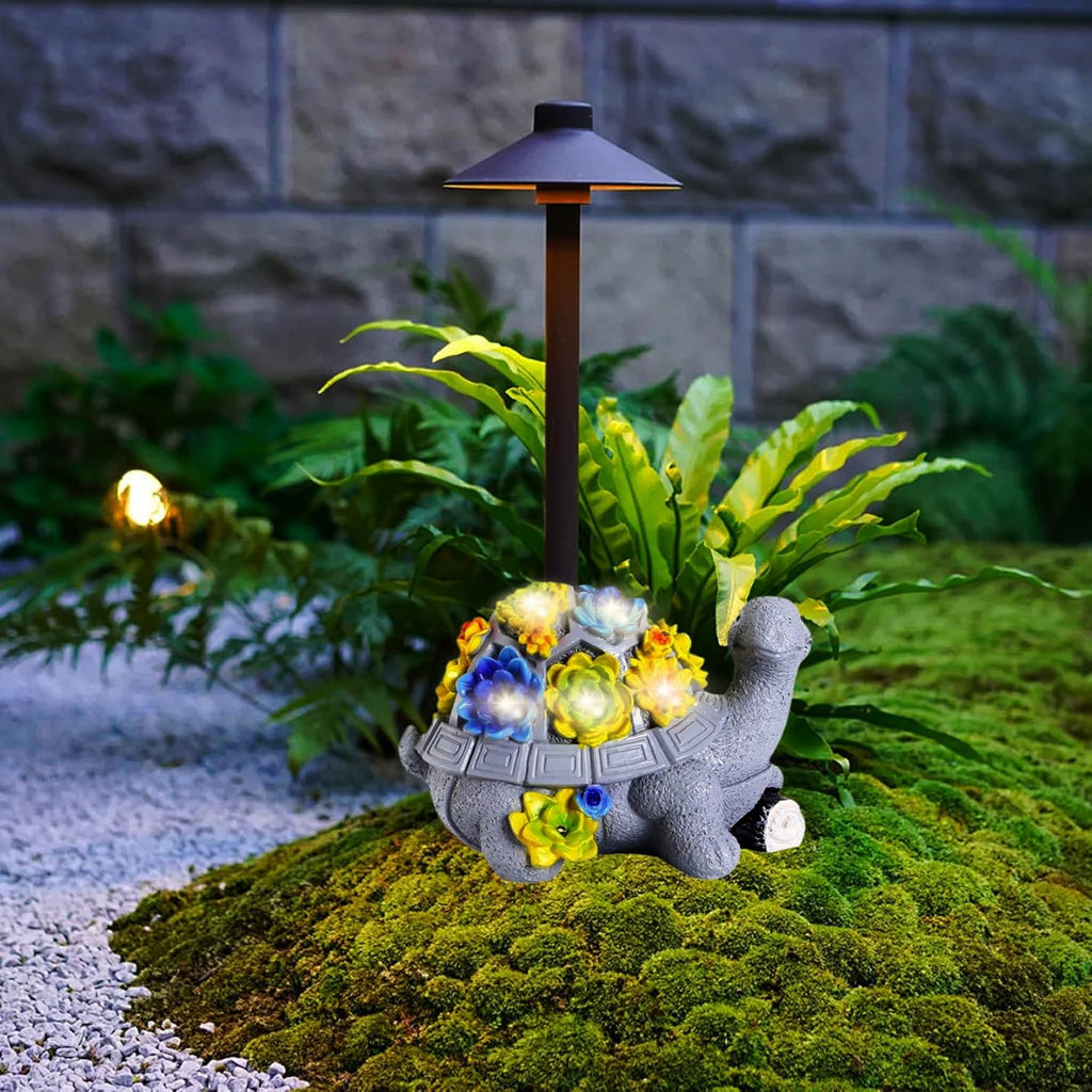 Turtle Garden Statue with 7 LED Succulent Lights, Resin Turtle Garden Decor Y11596