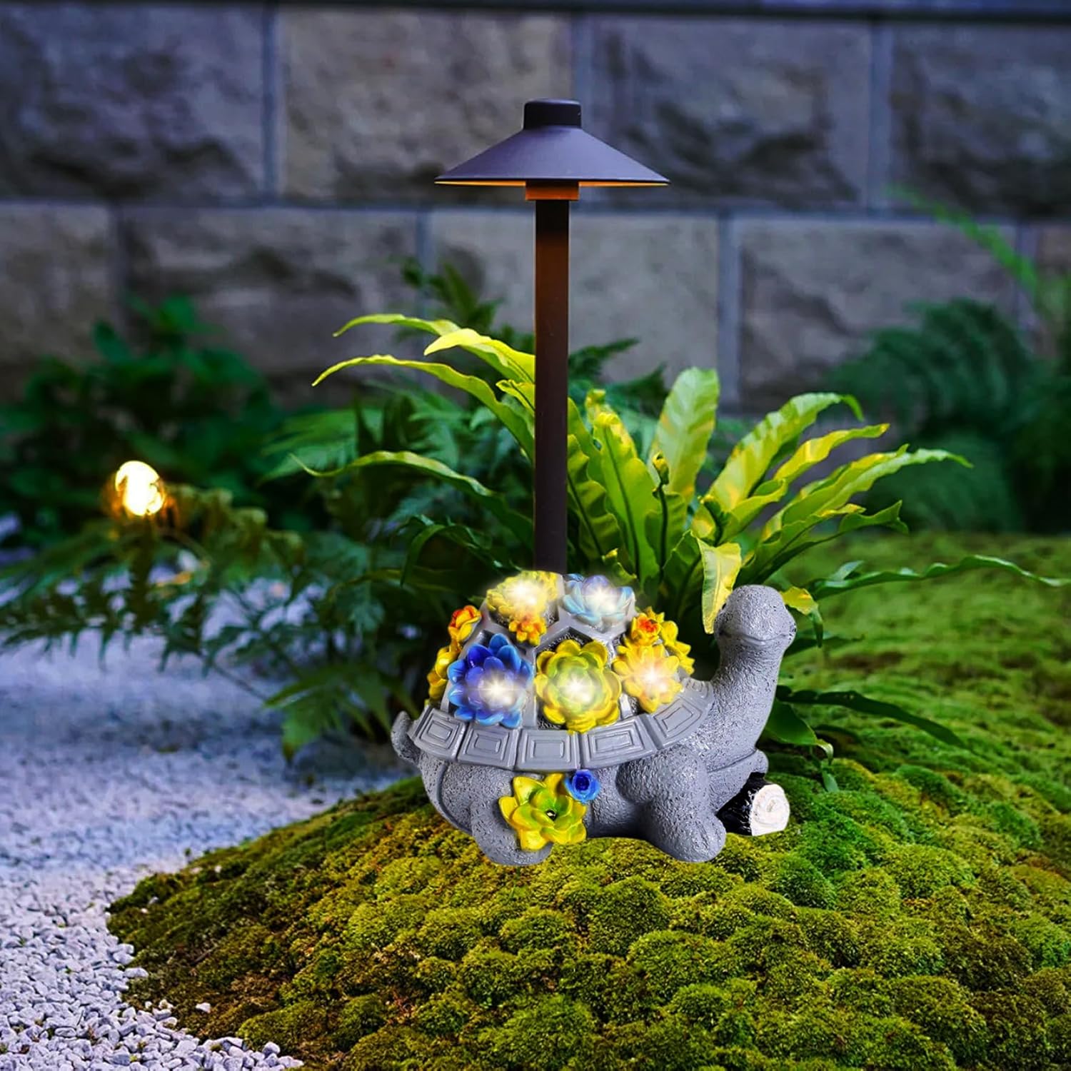 Turtle Garden Statue with 7 LED Succulent Lights, Resin Turtle Garden Decor Y11596