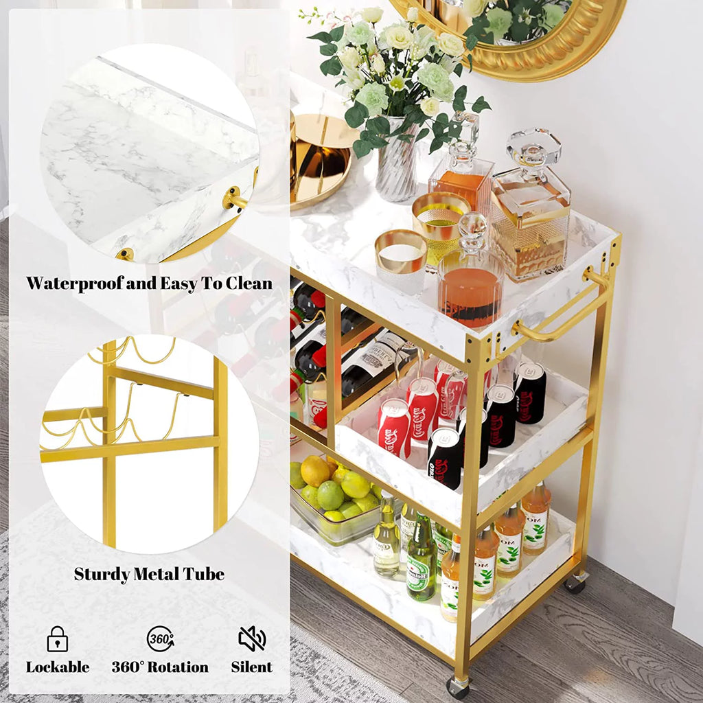 Gold Bar Cart with 12 Bottle Wine Rack T930712