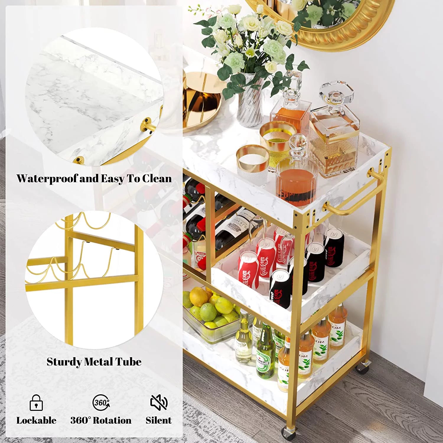 Gold Bar Cart with 12 Bottle Wine Rack T930712