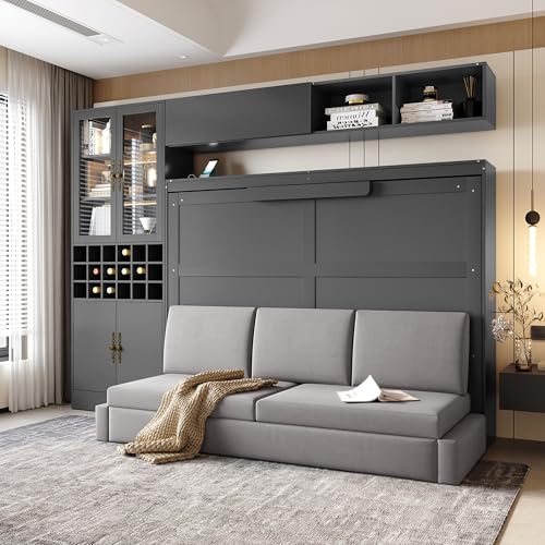 Queen Murphy Bed with Couch and Storage Shelves, Charging Station, LED Light, Wood Foldable Wall Bed Cabinet with Sofa and Storage Cabinet, Bookcase, Wine Rack (White) J945738