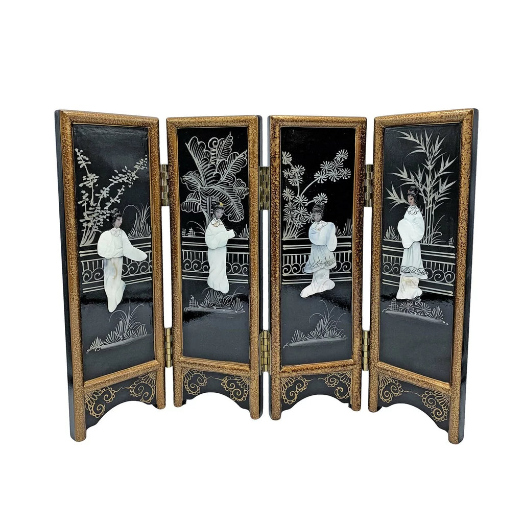 14" Hand Painted Black Lacquer with Mother of Pearl Folding Screen L9283