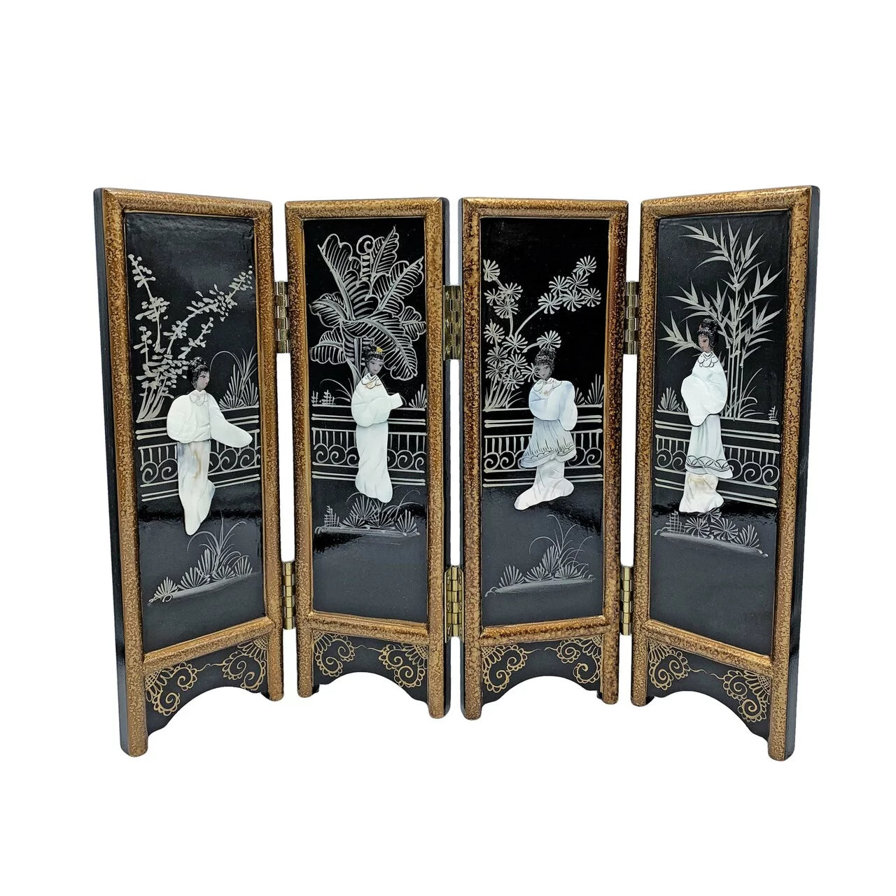 14" Hand Painted Black Lacquer with Mother of Pearl Folding Screen L9283
