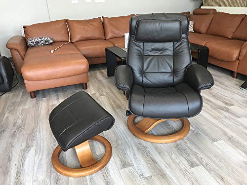 Large Ergonomic Recliner Chair with Ottoman in Stone Leather with Teak Wood Base X955