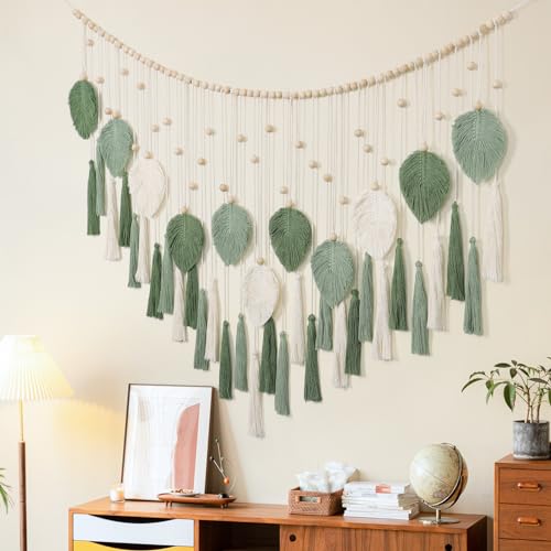 Large Macrame Wall Hanging Beige Green Feather Tapestry Wall Art Wooden Beads Handmade Woven Leaf Tassels Wall Decor O1138