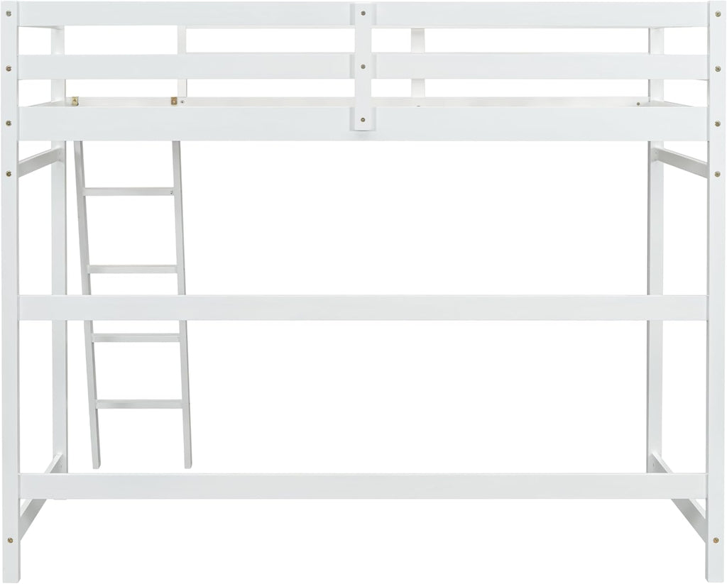 White Twin Size Wooden Loft Bed with Ladder and Guardrail U9906
