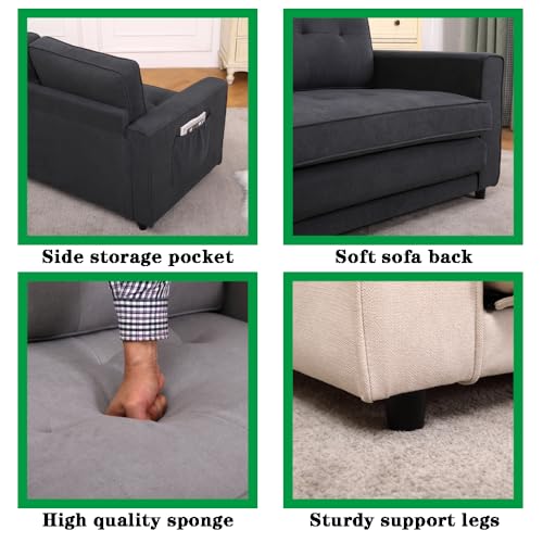 Dark Grey 3 in 1 Upholstered Convertible Futon Sofa Bed with Side Pockets N93747