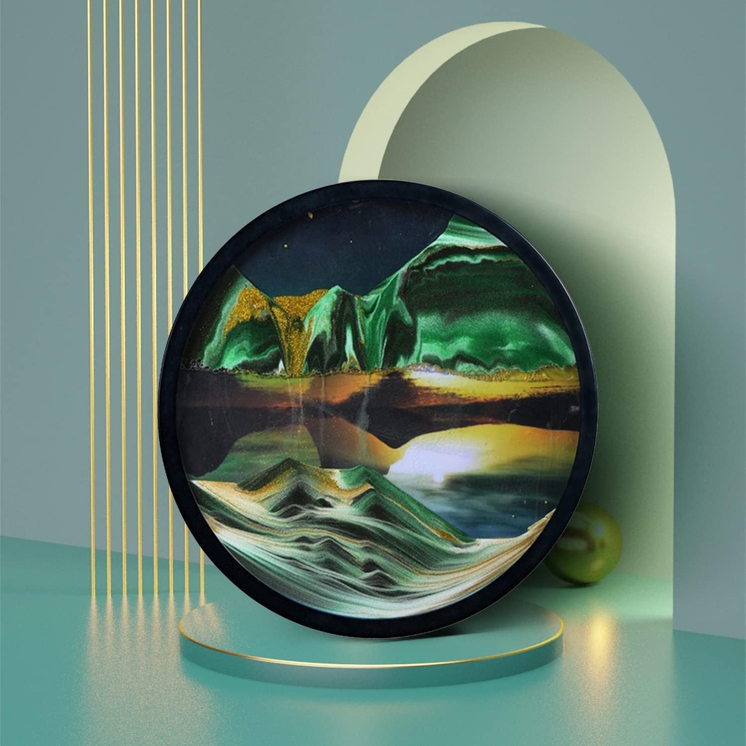 17.3'' 3D Sand Art Liquid Motion Moving Wall Art Glass Crafts Solid Wood Frame (Green) C321027