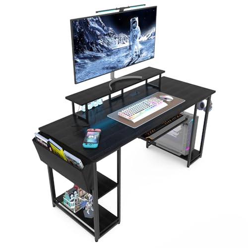Brown Gaming Desk with LED Lights and Power Outlets Y665