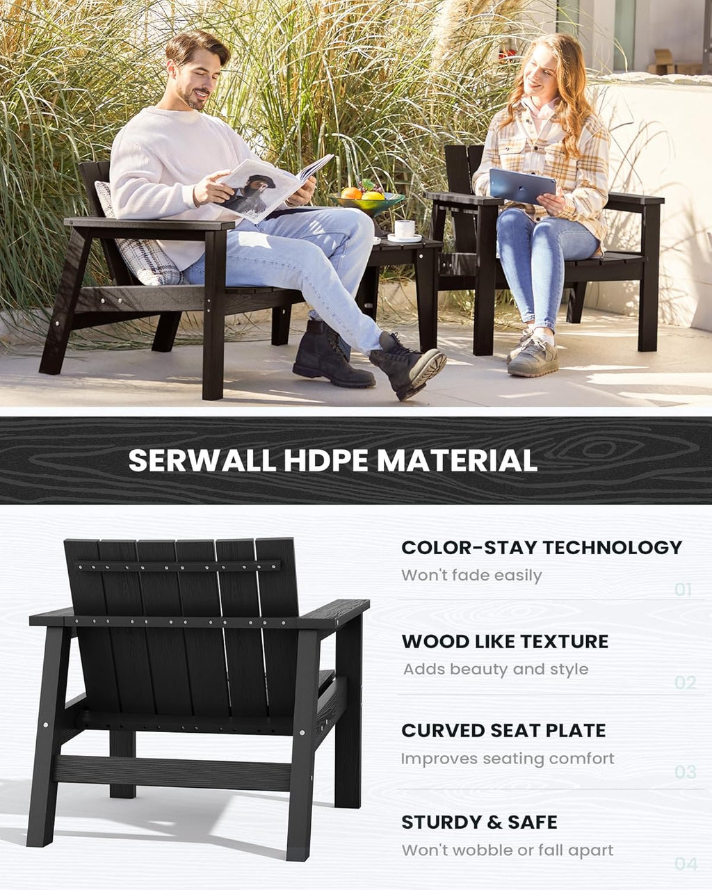 3 Piece HDPE Adirondack Chair Set with Side Table Black J723
