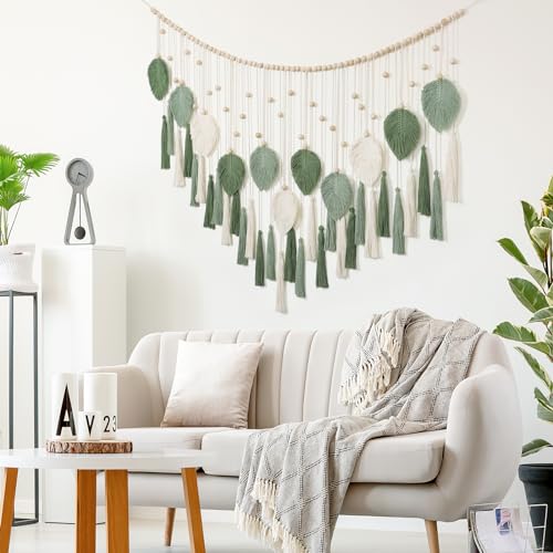 Large Macrame Wall Hanging Beige Green Feather Tapestry Wall Art Wooden Beads Handmade Woven Leaf Tassels Wall Decor O1138