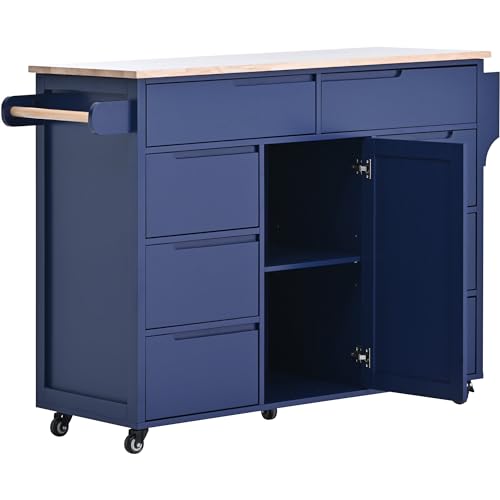 Farmhouse Kitchen Island with Power Outlet, Rolling Cart with Drop Leaf, Storage Cabinet Table on Wheels with Spice Rack and Drawer A485