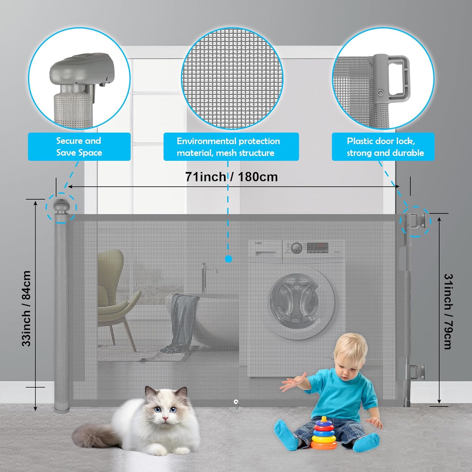 Retractable Baby Gate 33” Tall, Extends to 71” R516