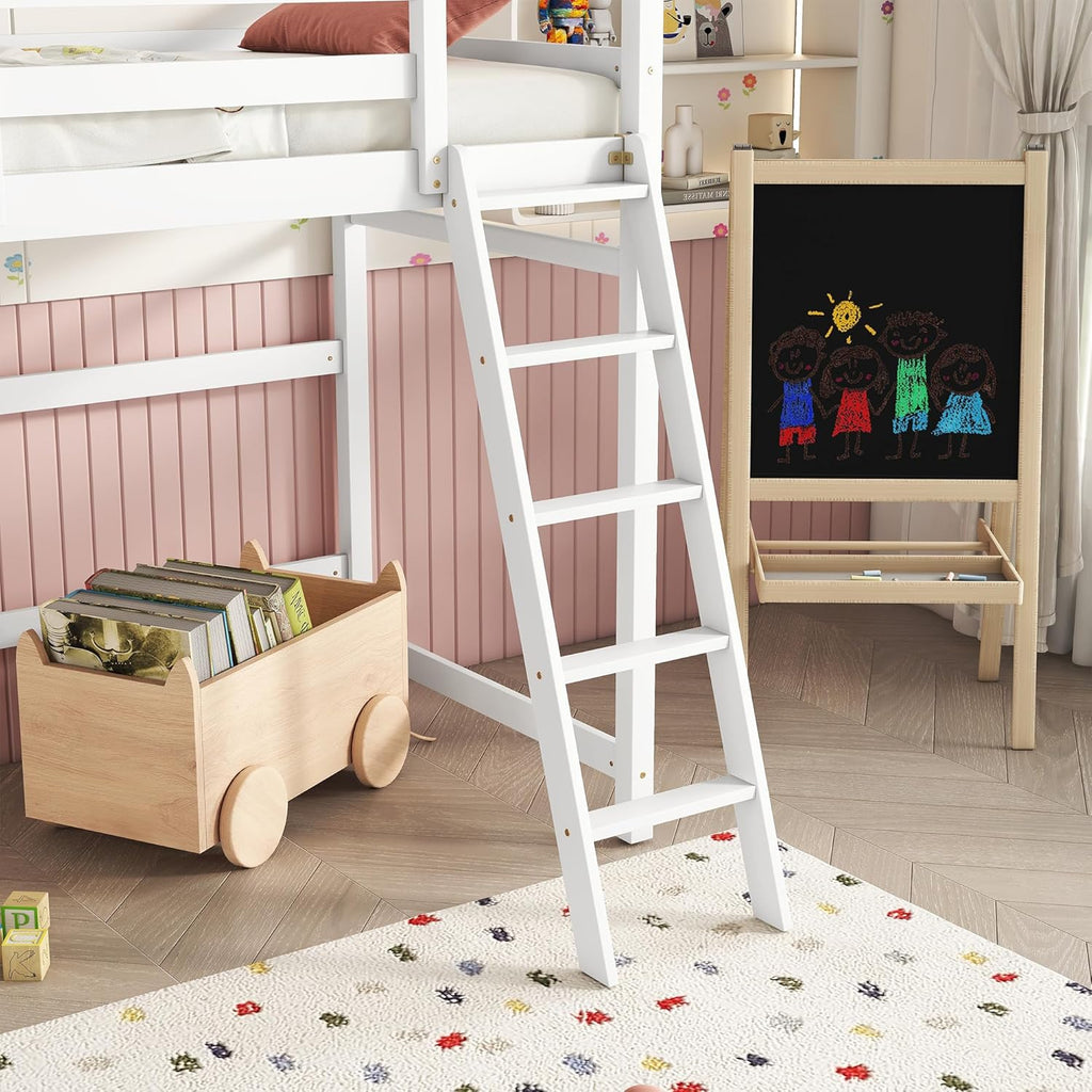 White Twin Size Wooden Loft Bed with Ladder and Guardrail U9906